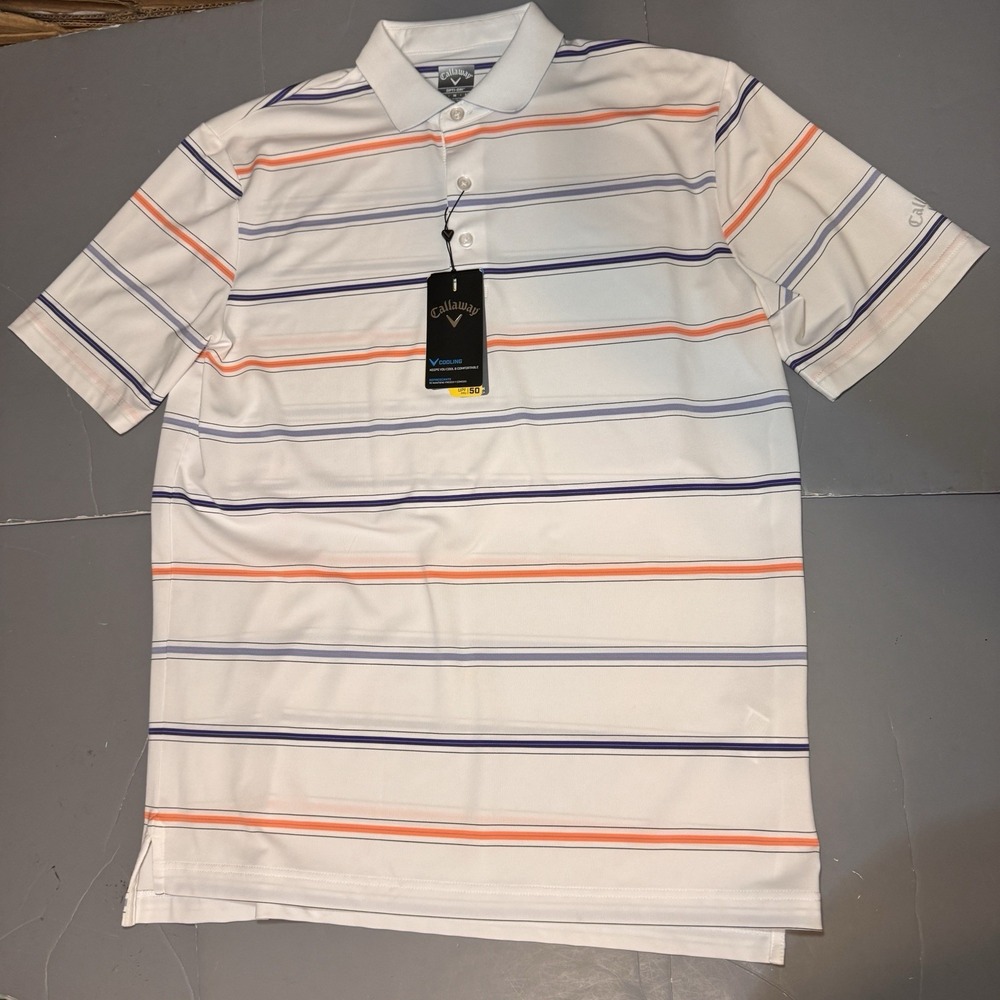 Callaway Golf Polo Shirt M Medium White Multicolor Stripes Cooling UPF 50 New